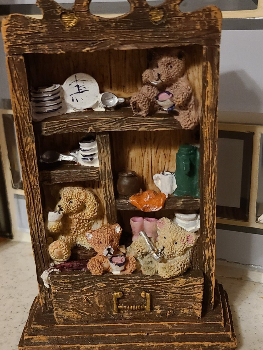 Vintage Brown Teddy Bear Shelf Cabinet Accent with Multicolor